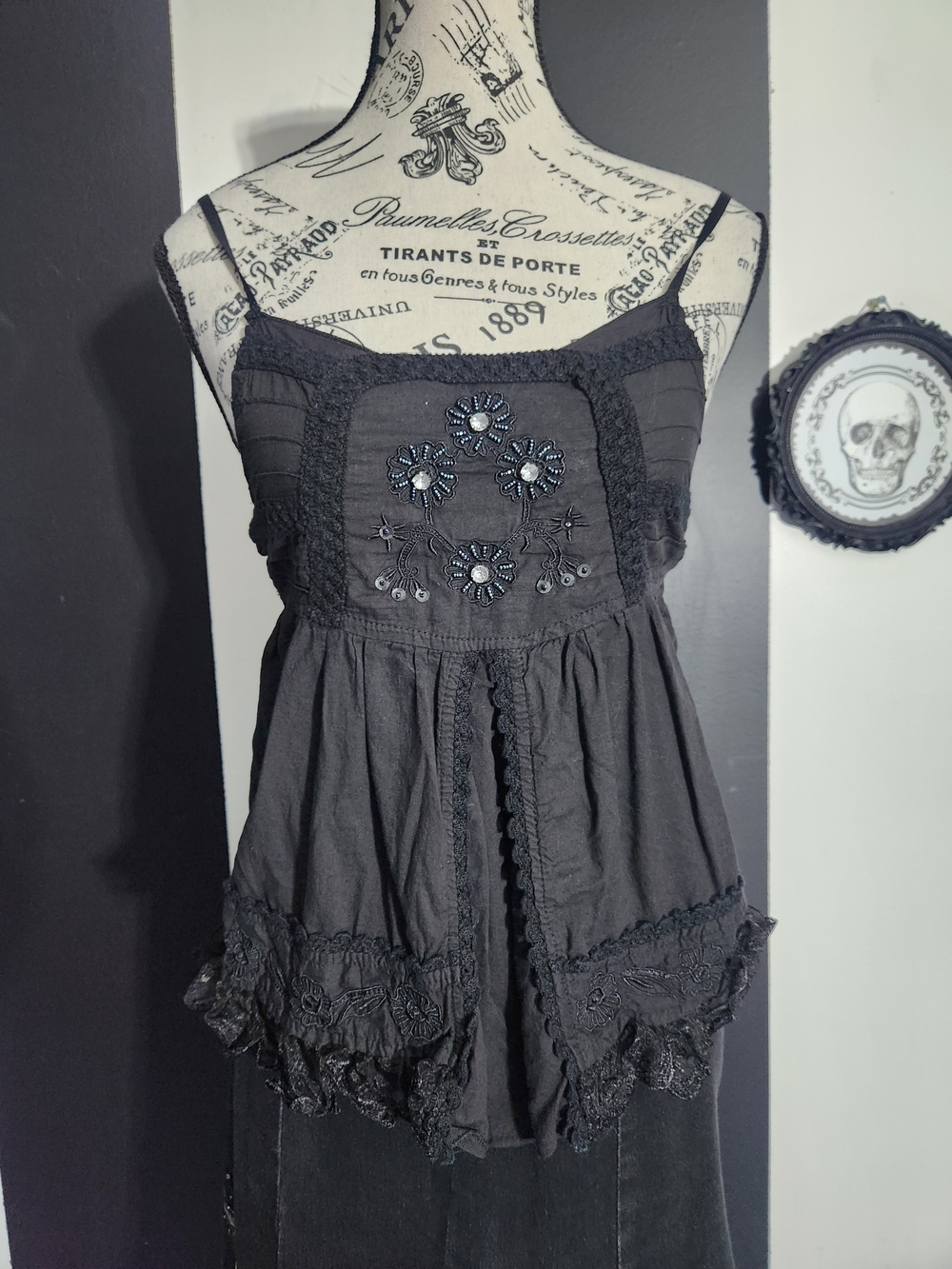 Vintage Black Embroidered Camisole Tank Top